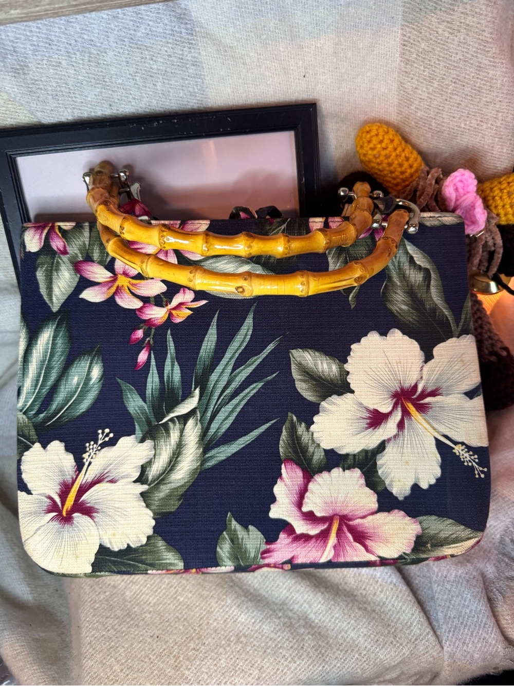 Floral Navy Canvas Bamboo-Handle Tote Bag